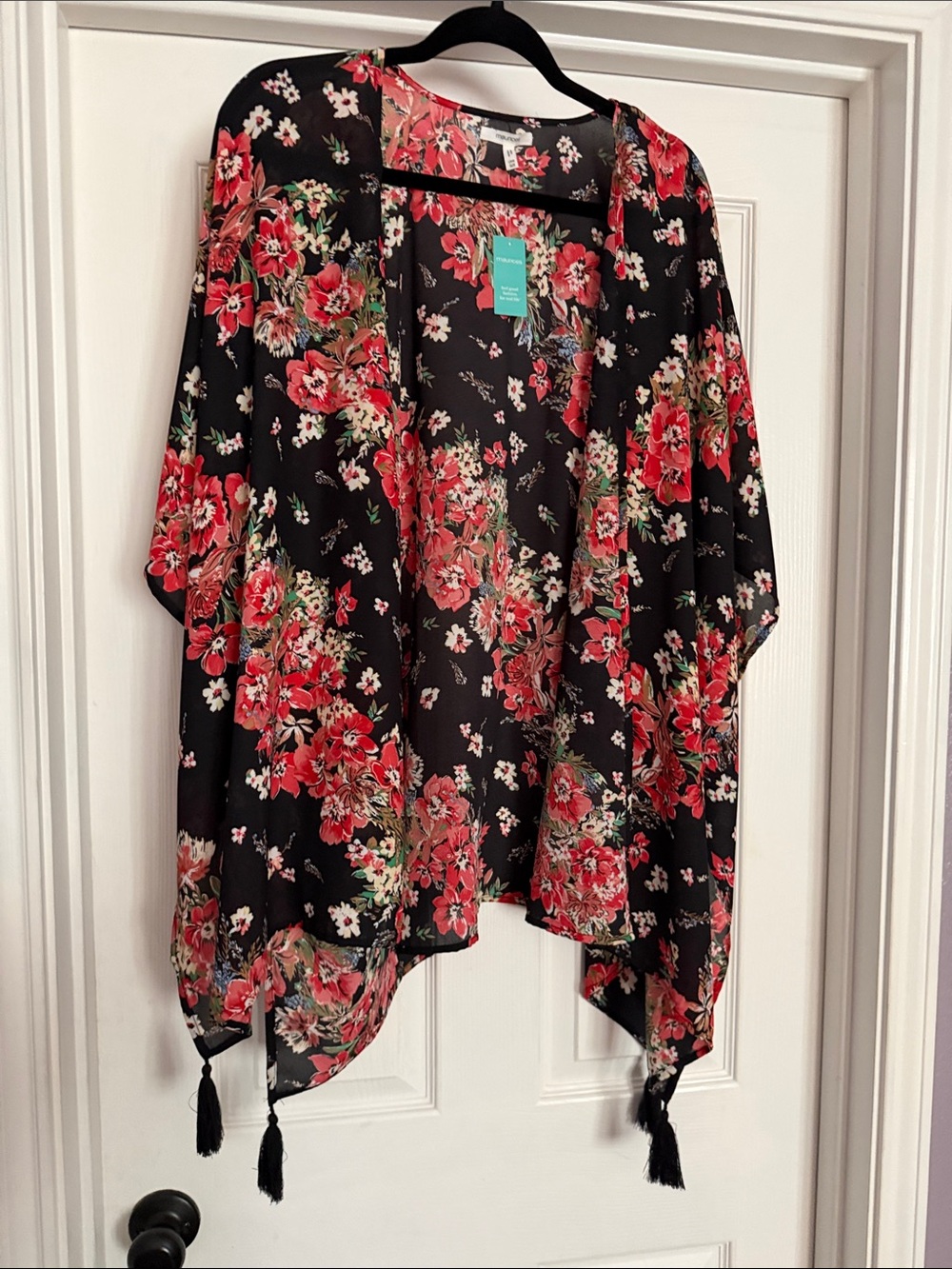 Maurices Black Floral Kimono with Red Blooms